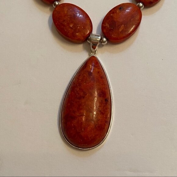 LUCAS LAMETH NECKLACE RED STONE CORAL 925 STERLING SILVER 18” SIGNED - Picture 4 of 7